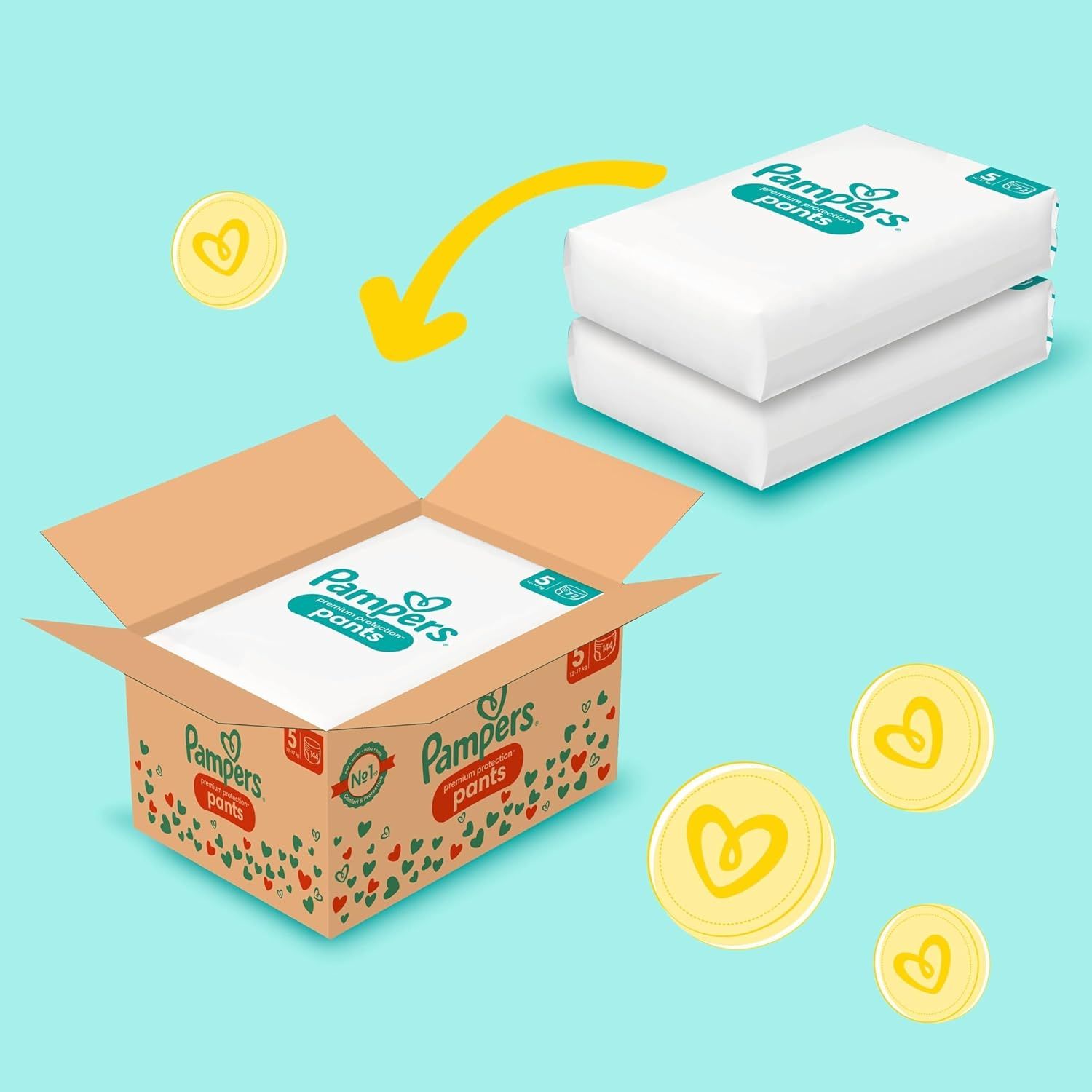 Pampers Pants en carton. Boîte ouverte avec paquets de Pants et coeurs jaunes. Flèche pointant vers les paquets. Inscription : Pampers Pants.