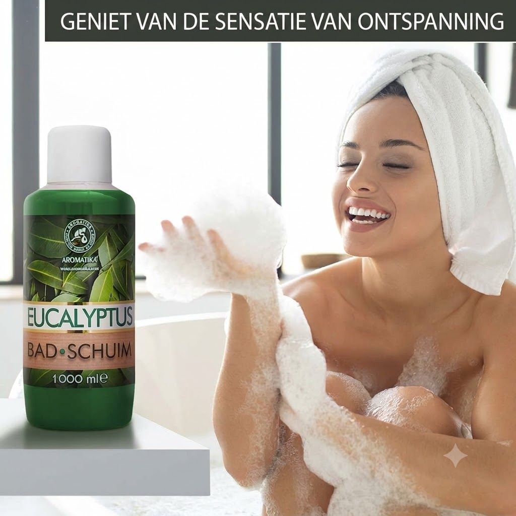 Groene fles met Eucalyptus Badschuim etiket, 1000 ml.