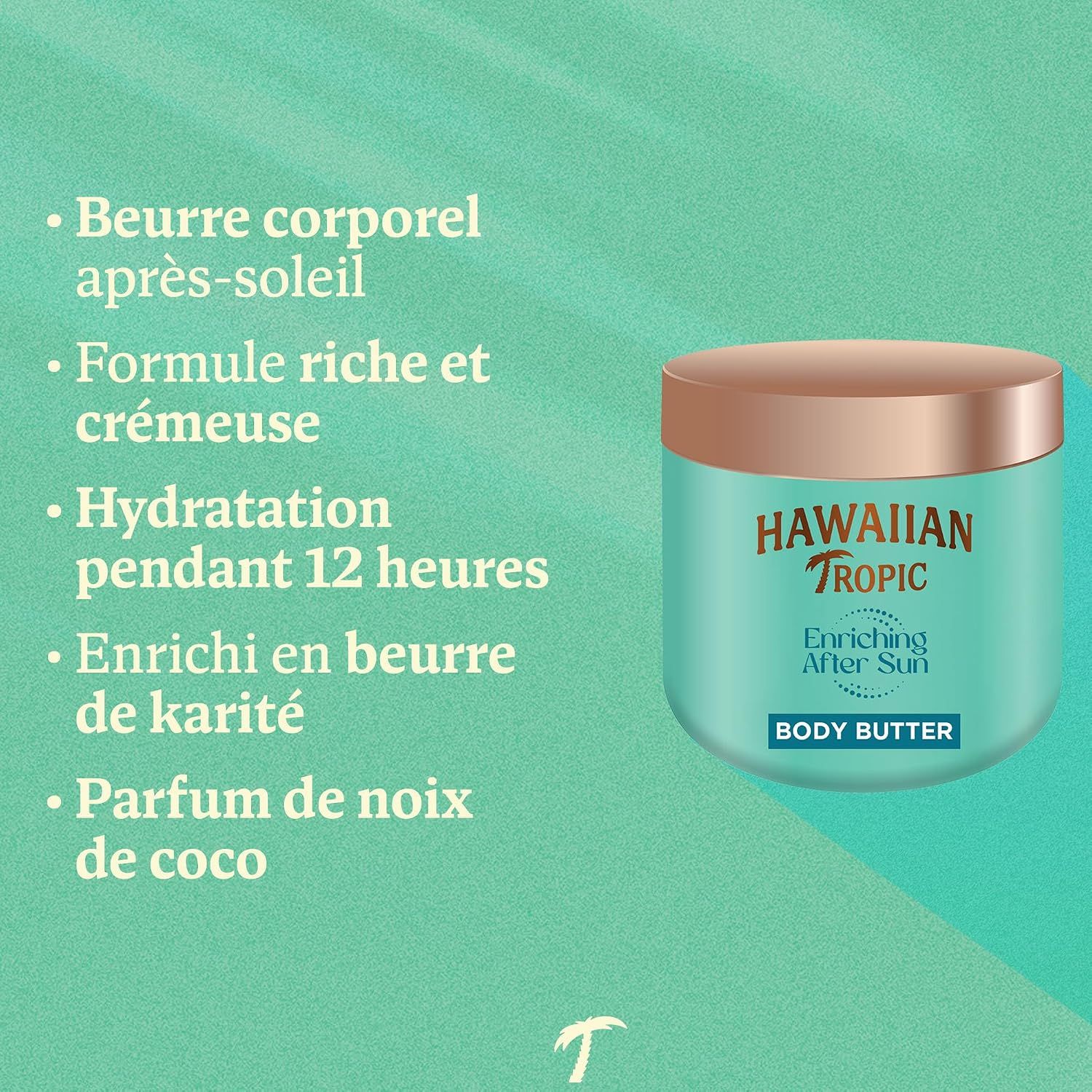 Pot turquoise avec couvercle doré, Hawaiian Tropic Body Butter.