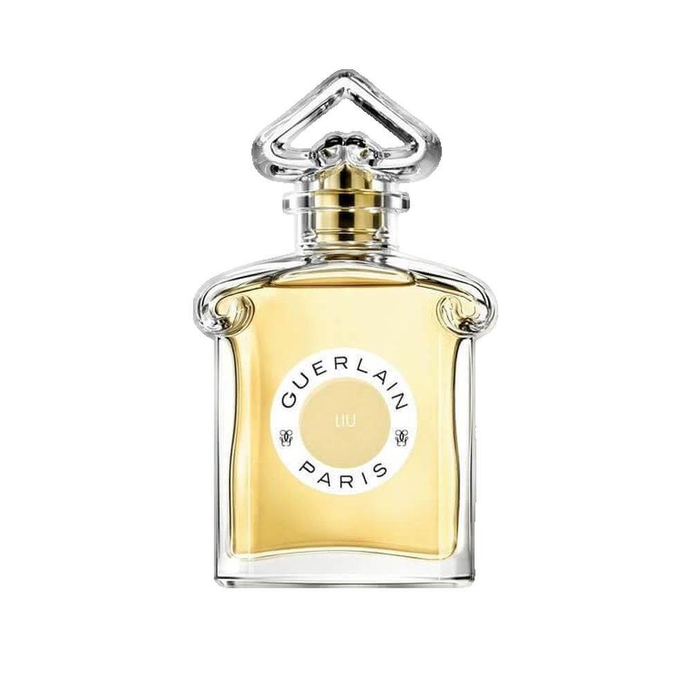 Flacon de parfum avec bouchon doré, étiquette "Guerlain Paris Liu".