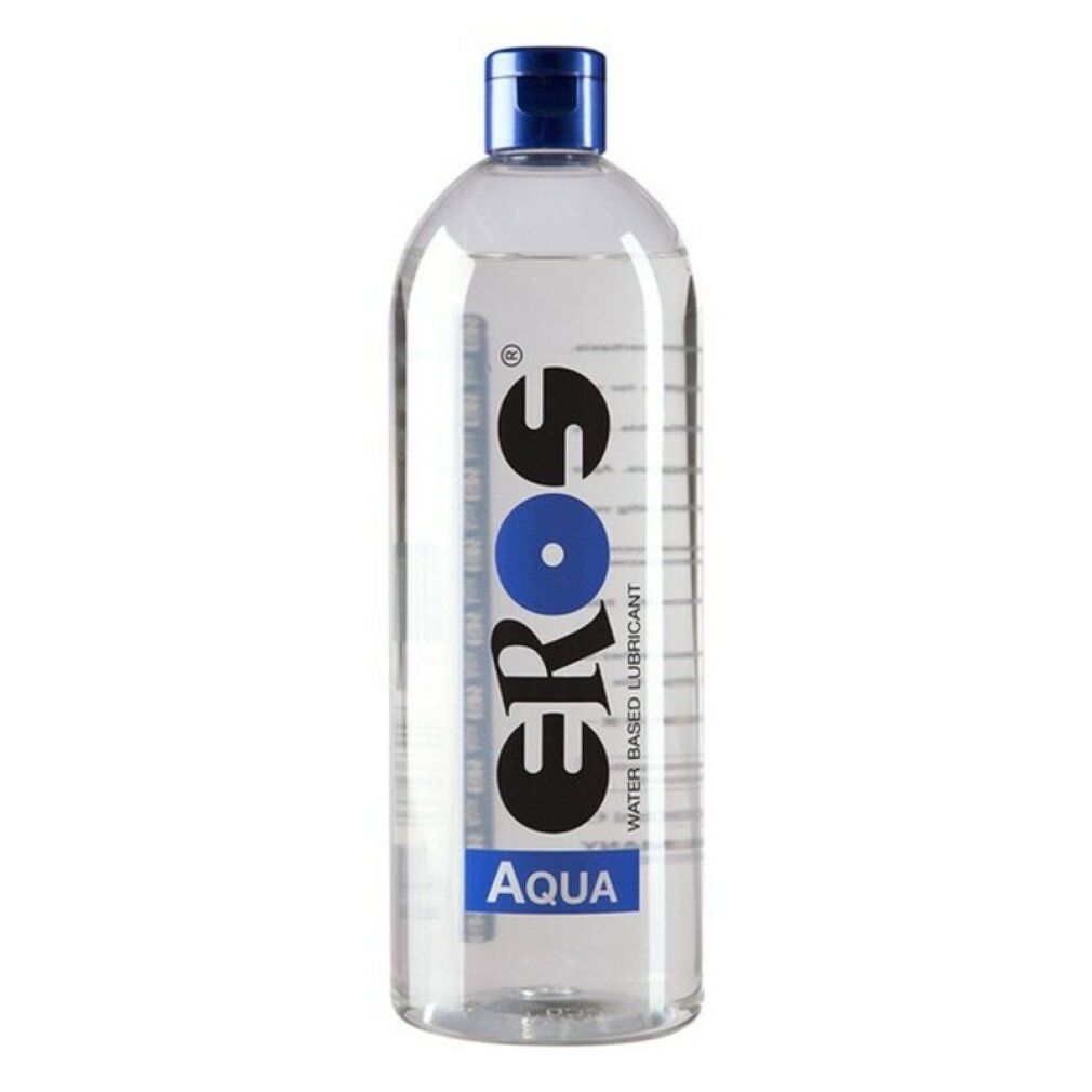 Transparante fles met blauwe dop. Opschrift: EROS Aqua. Glijmiddel op waterbasis.