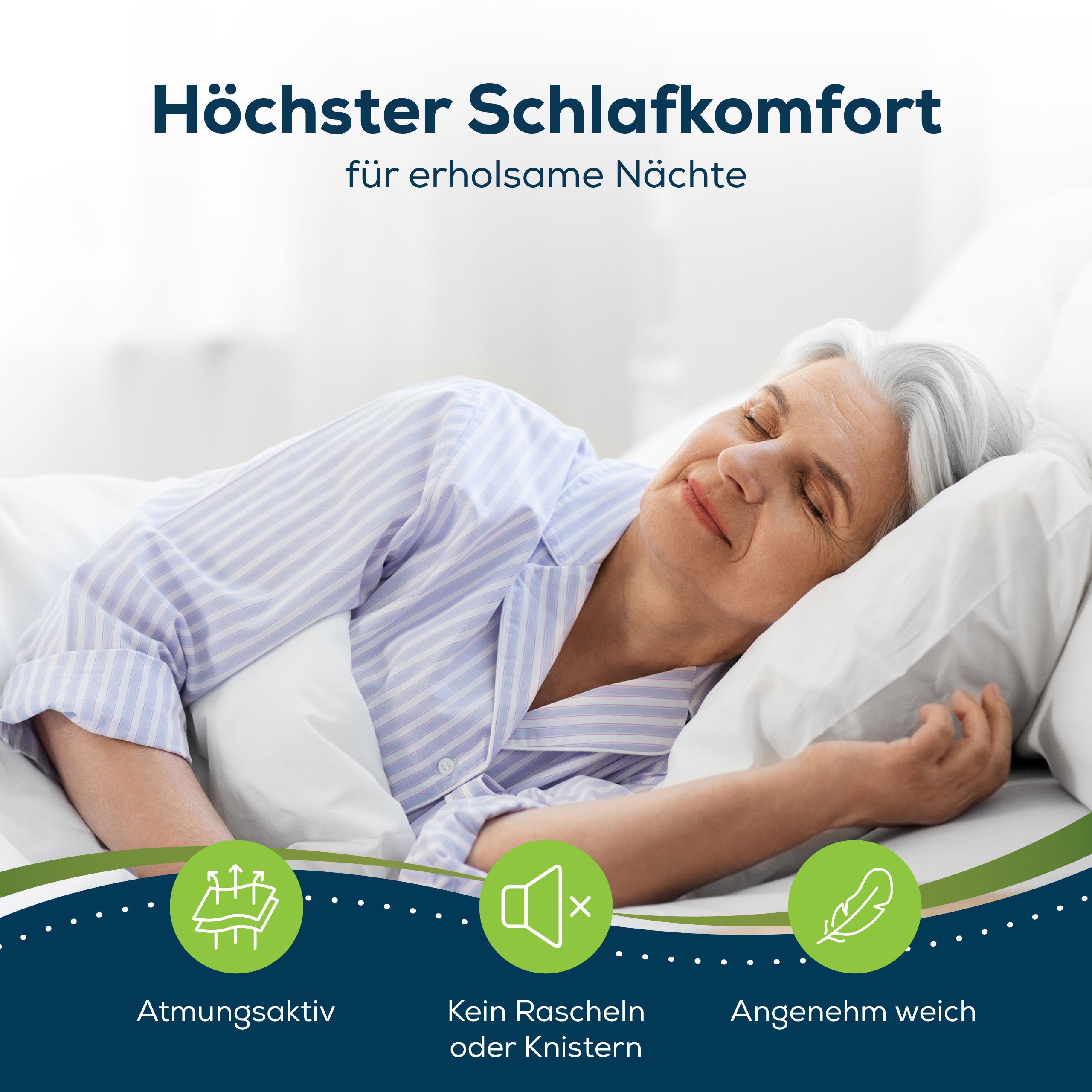 Femme âgée dormant sur oreiller et linge de lit blancs. Texte : Confort de sommeil optimal. Symboles : respirant, silencieux, doux.