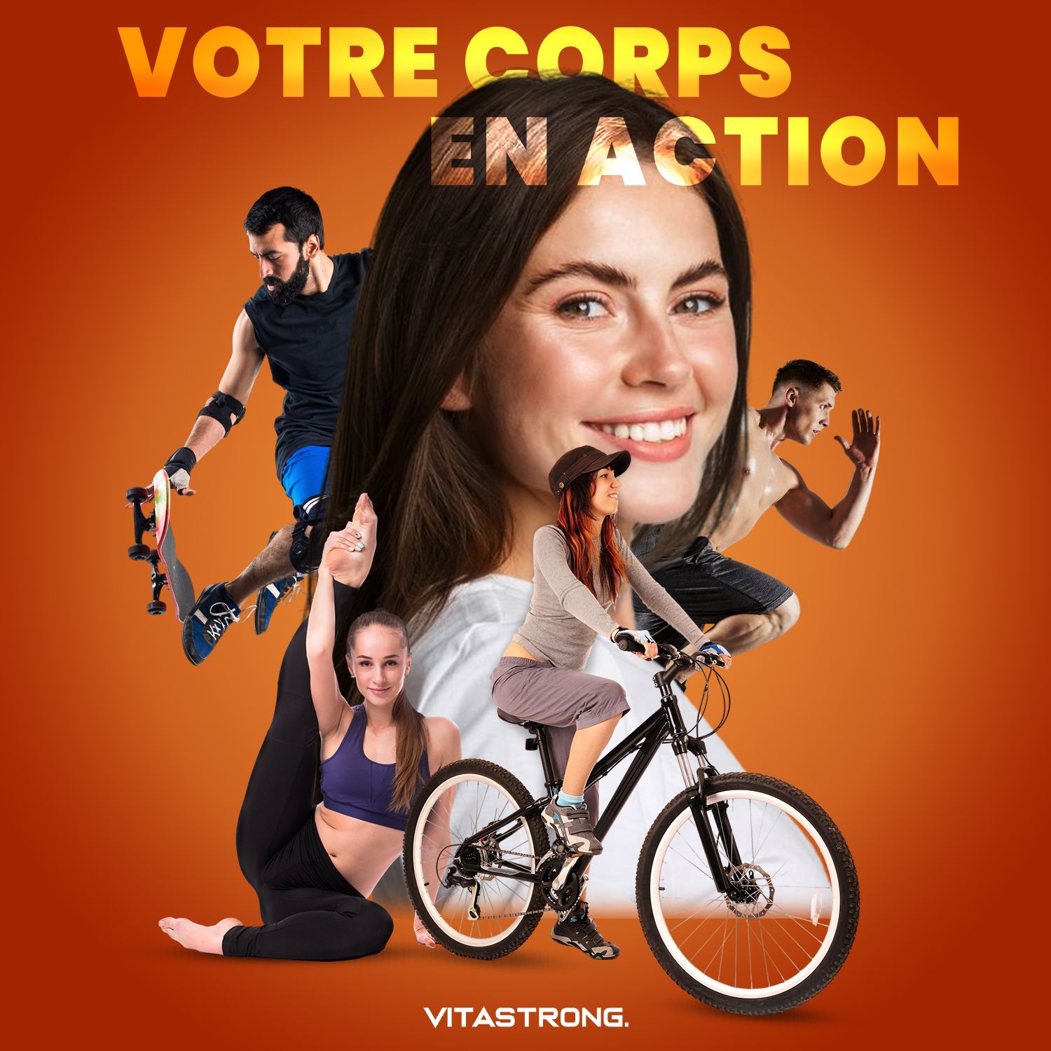 Vrouw en man op oranje achtergrond. Vitastrong Glucosamine + Chondroïtine fles. Opschrift: 120 tabletten. Vitastrong logo.