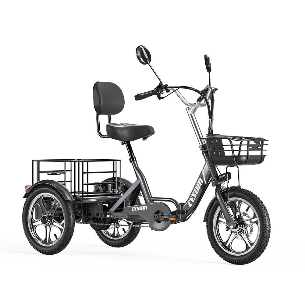 Tricycle cargo gris avec panier, porte-bagages et rétroviseurs. Marque Cysum.
