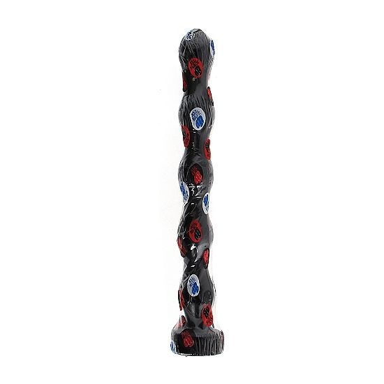 Dildo noir avec des accents rouges et bleus, design ondulé et base large.
