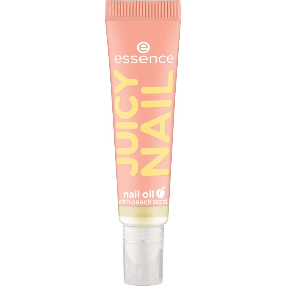 Tube rose avec texte jaune JUICY NAIL et nom du produit. Contient de l'huile pour ongles parfum pêche. Marque : essence.