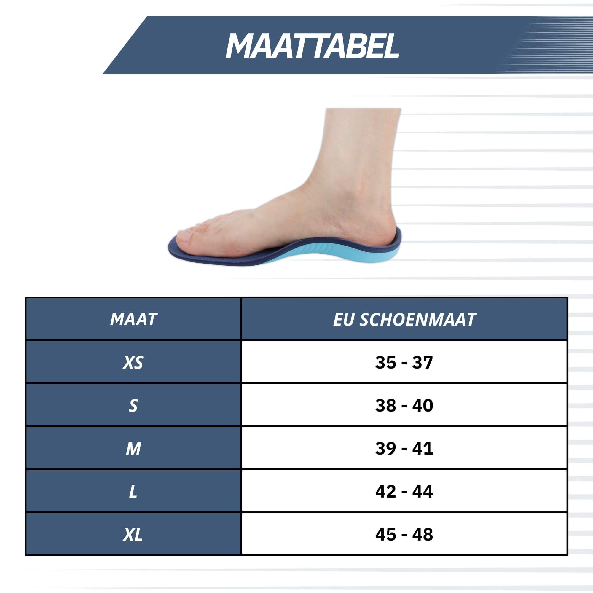 Maattabel voor inlegzolen met EU-schoenmaten van XS tot XL.
