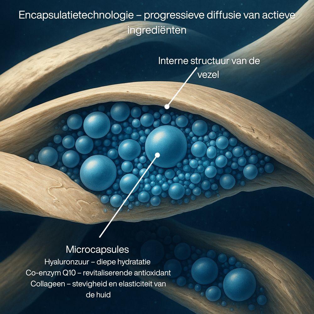 Microcapsule vezels. Tekst: Hyaluronzuur, Co-enzym Q10, Collageen.