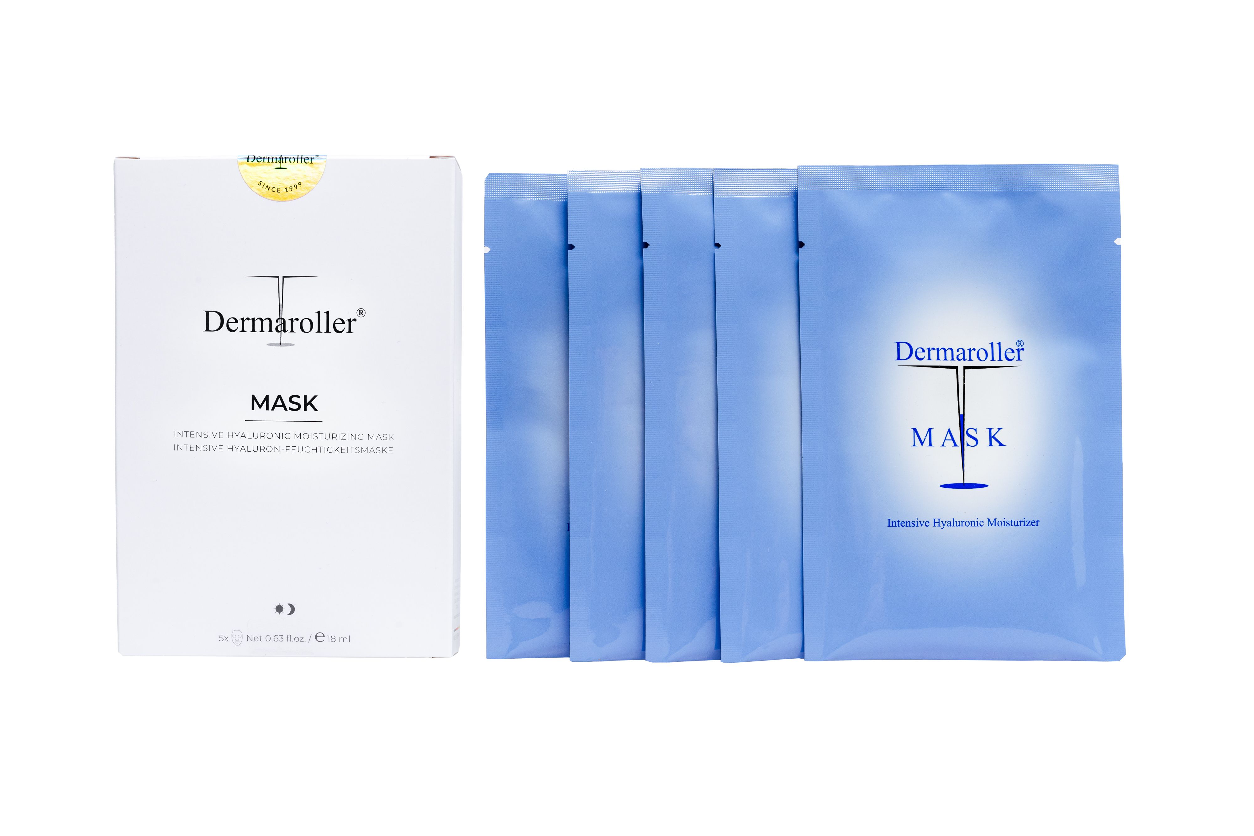 Productweergave: een witte verpakking van Dermaroller Maskers en vijf blauwe individuele verpakkingen.