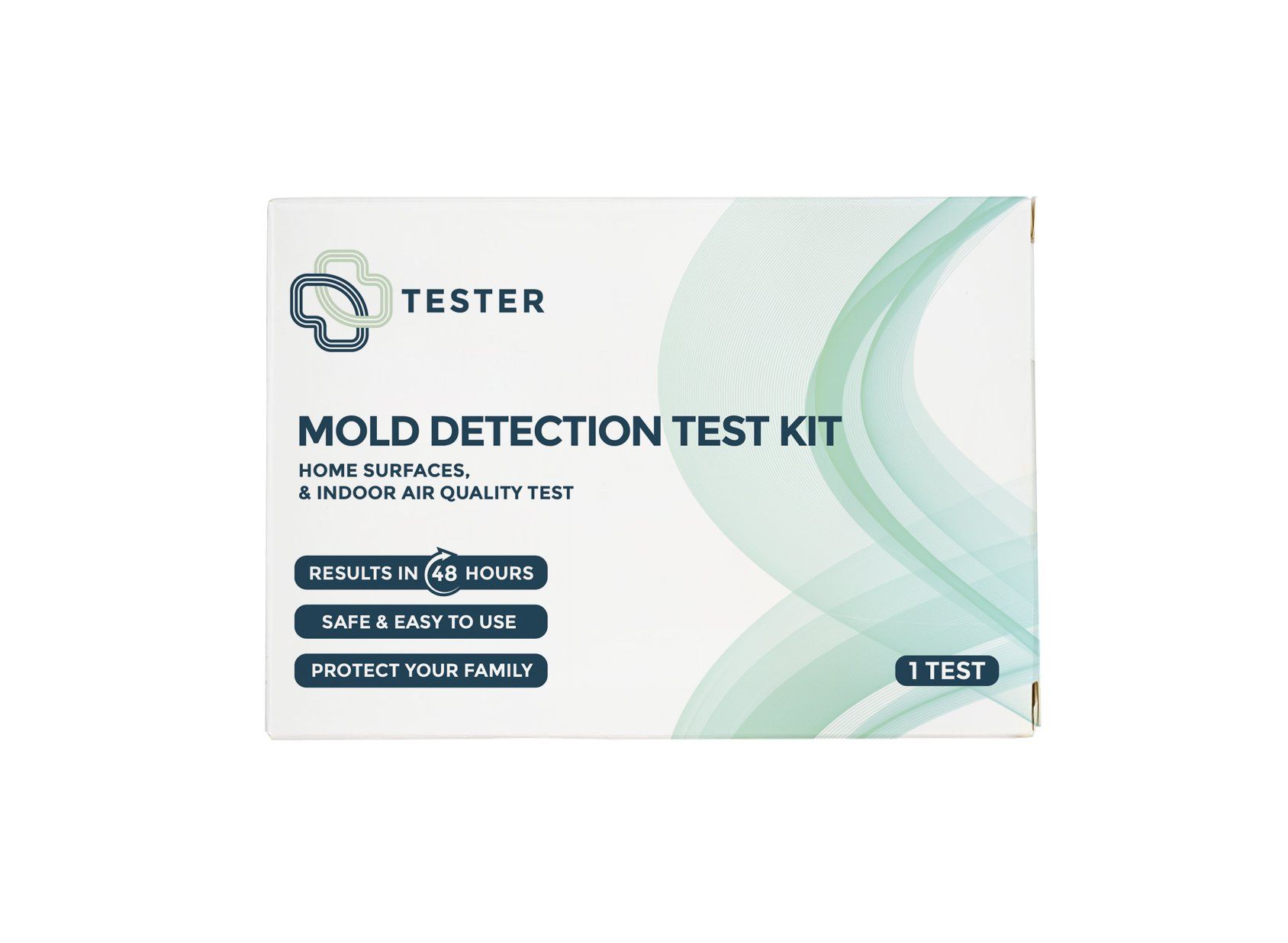 Boîte blanche avec texte "TESTER". Contient un kit de test de moisissure. Texte : "MOLD DETECTION TEST KIT", "1 TEST".