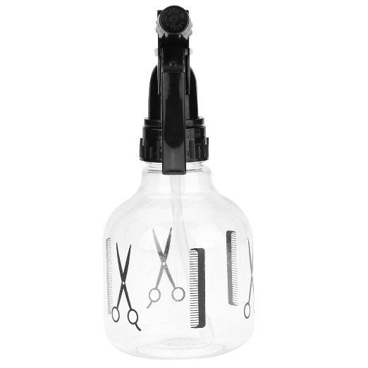 Flacon pulvérisateur transparent avec tête noire. Motifs ciseaux et peignes sur le corps du flacon.