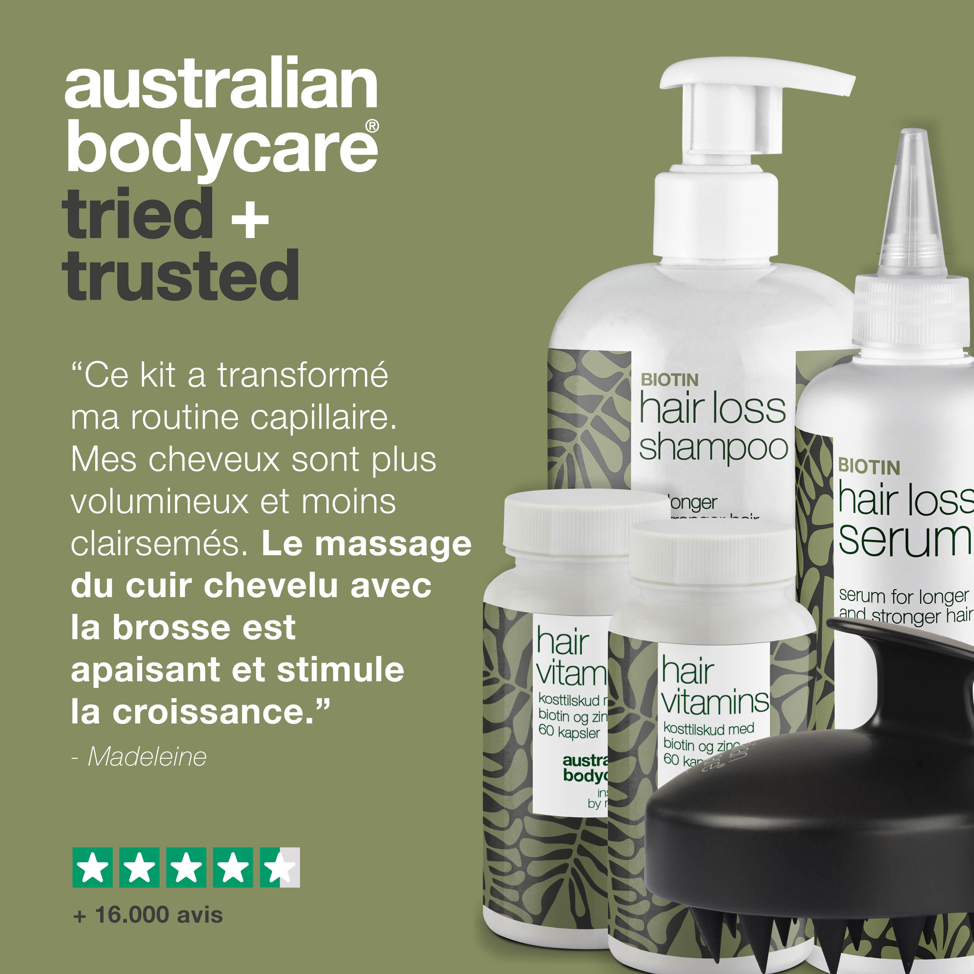 Produits sur fond vert. Shampooing, sérum, gélules, brosse. Texte : J'ai essayé le kit complet.