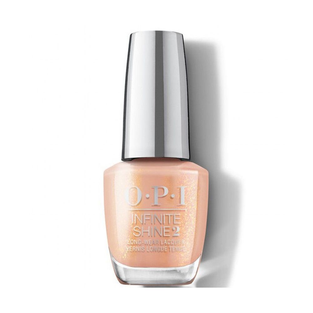 Flacon de vernis à ongles. OPI Infinite Shine 2. Couleur beige. Bouchon argenté.