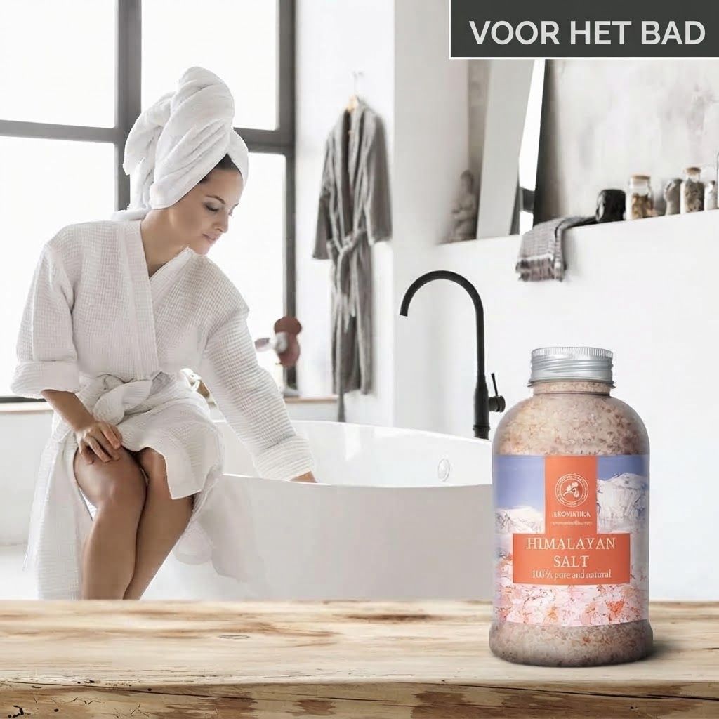 Fles met Himalaya zout voor in bad. Bevat grofkorrelig, roze zout.