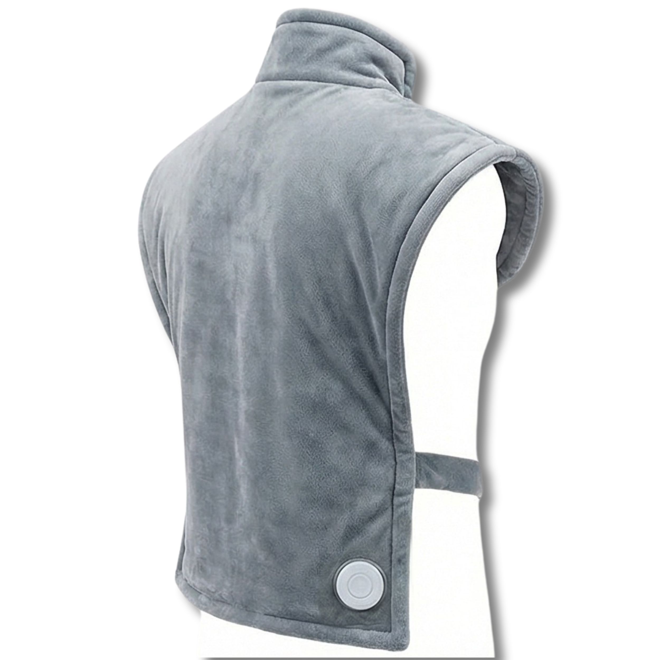 Écharpe chauffante grise. Bouton et lien de fixation visibles. Placé sur un mannequin blanc.