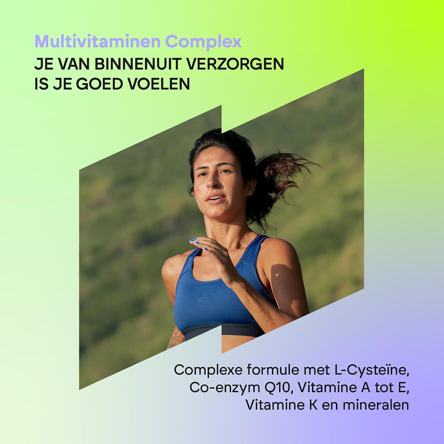 Vrouw die rent, multivitaminen complex met L-Cysteïne, Co-enzym Q10, vitamine A tot E, K en mineralen.