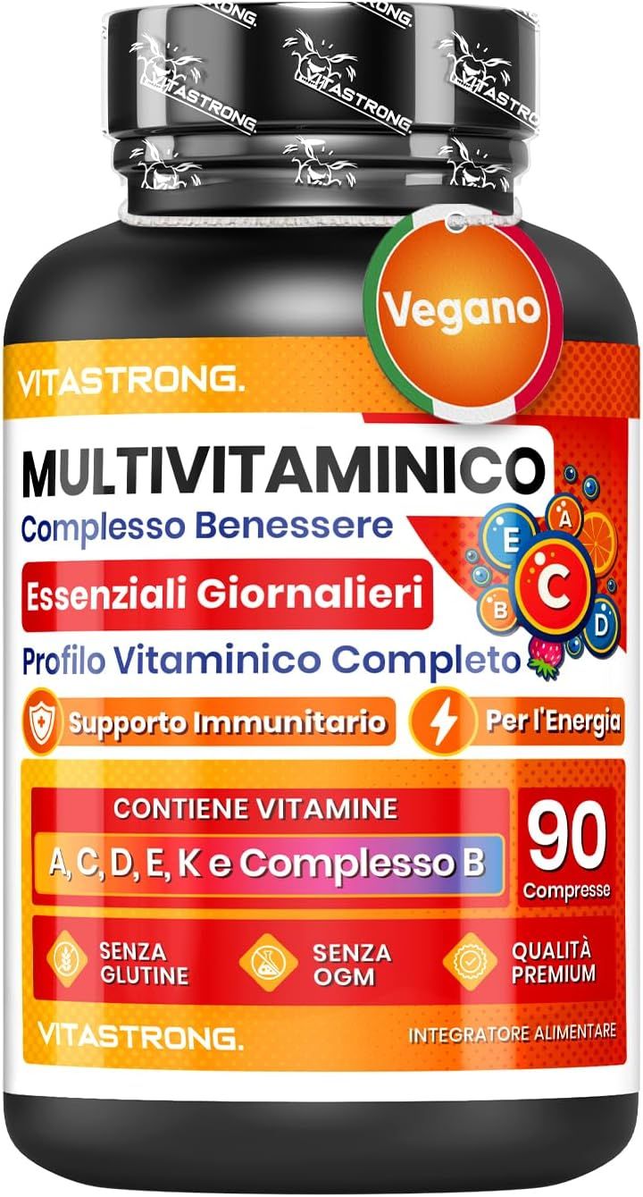 Flacon de Vitastrong Multivitamines. Contient 90 comprimés. Label Vegan. Inscription : Multivitamines, 23 nutriments actifs.