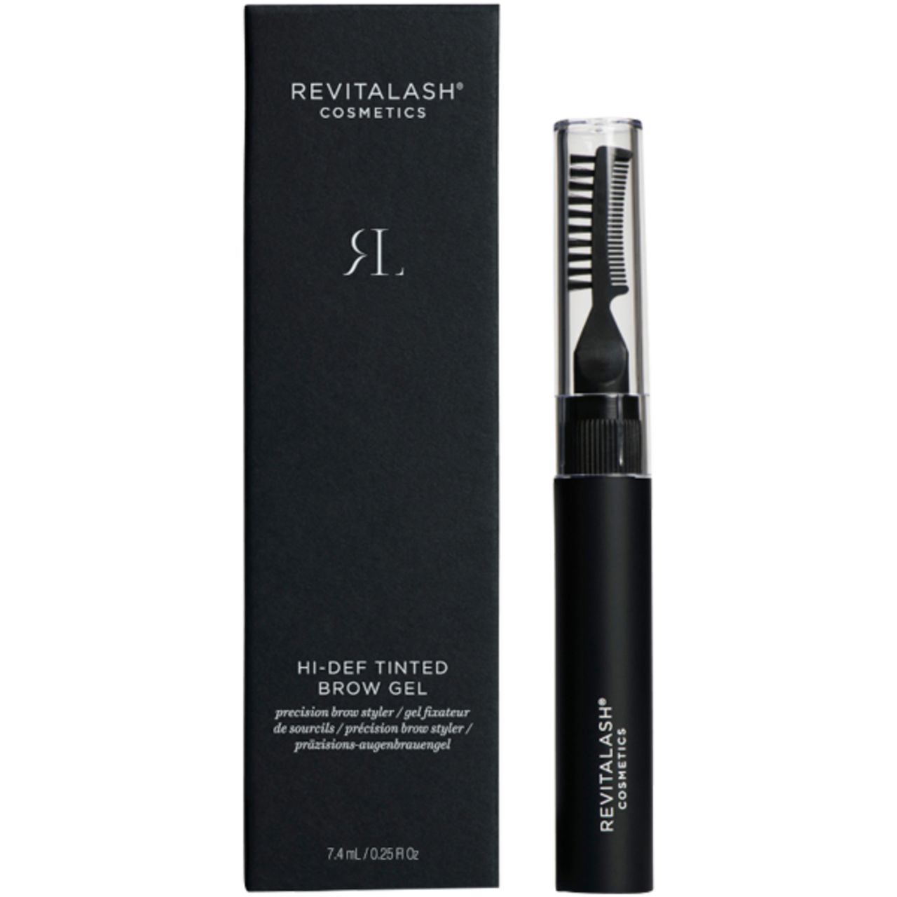 Zwarte verpakking met product. RevitaLash Cosmetics, Hi-Def Tinted Brow Gel. 7,4 ml/0,25 fl oz. Borstel en kam.