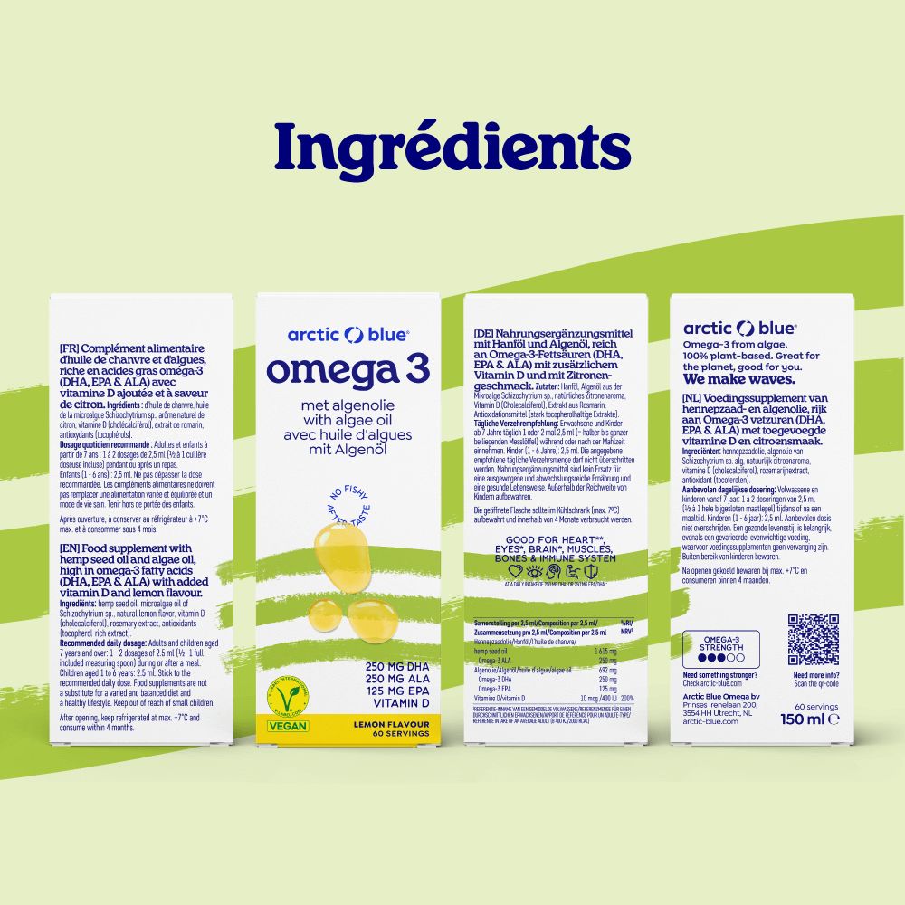 Bouteille d'huile d'algues Oméga 3 saveur citron, label V-Label Vegan et informations sur les ingrédients.