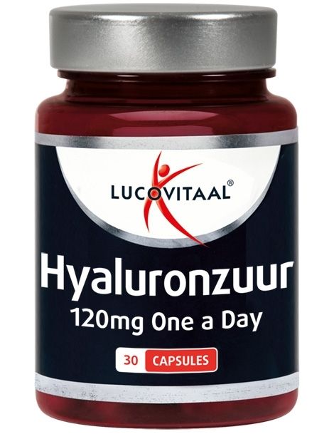 Flacon brun avec couvercle argenté. Contient 'Lucovitaal Hyaluronzuur'. Étiquette noire avec texte blanc. 30 gélules.
