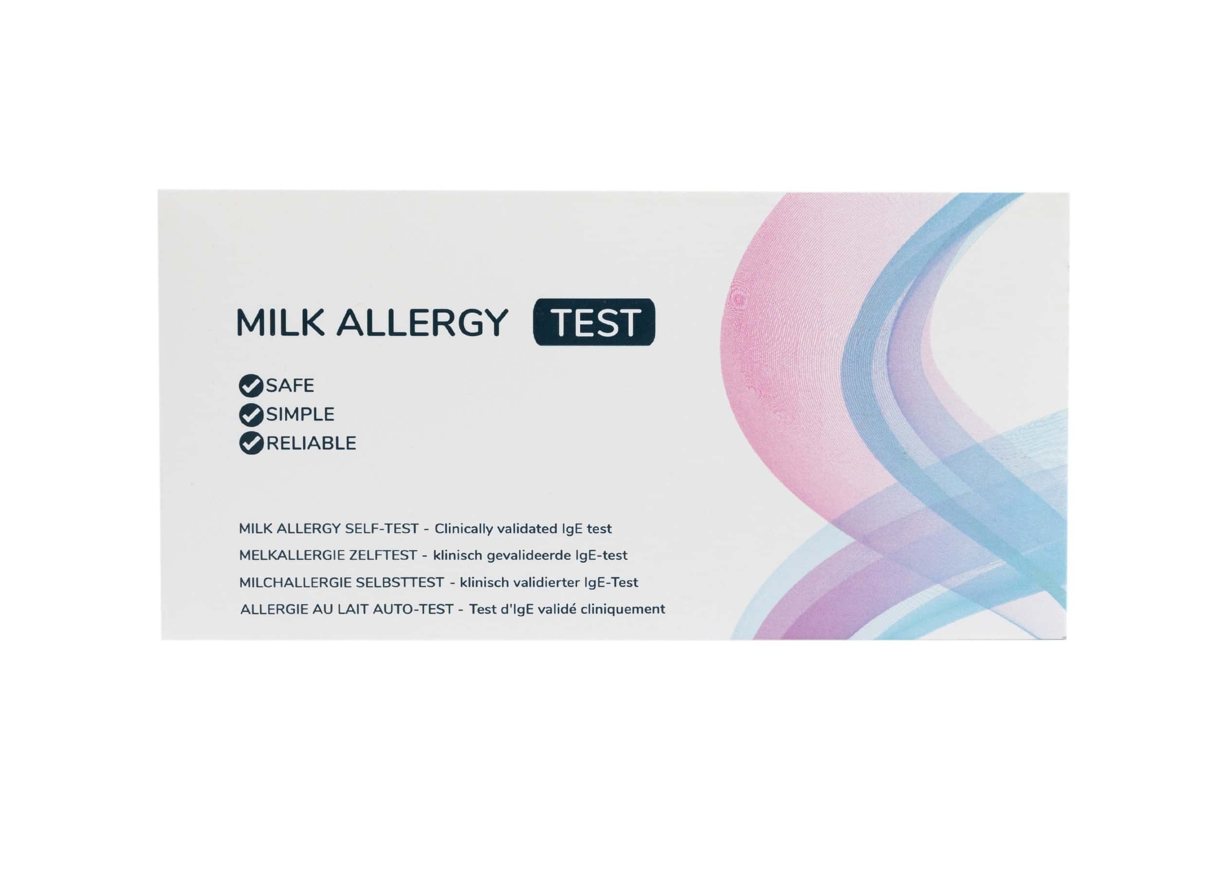 Verpakking van de melkallergie zelftest met vermelding van veilig, eenvoudig en betrouwbaar.