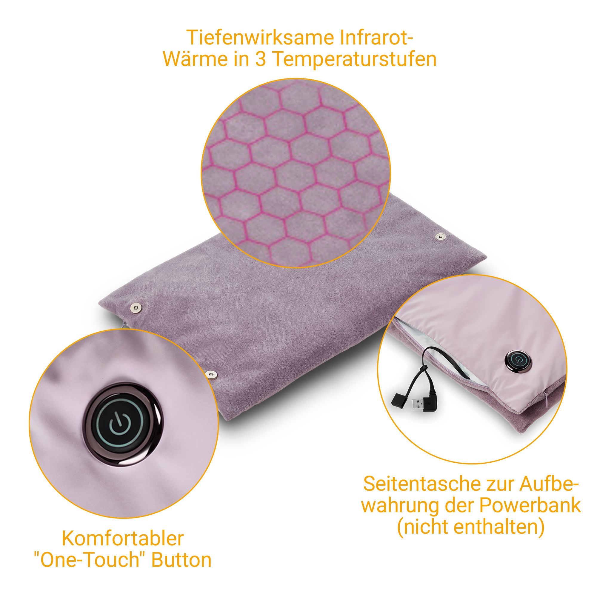 Chauffe-mains avec bouton "One-Touch" et poche zippée pour batterie externe.