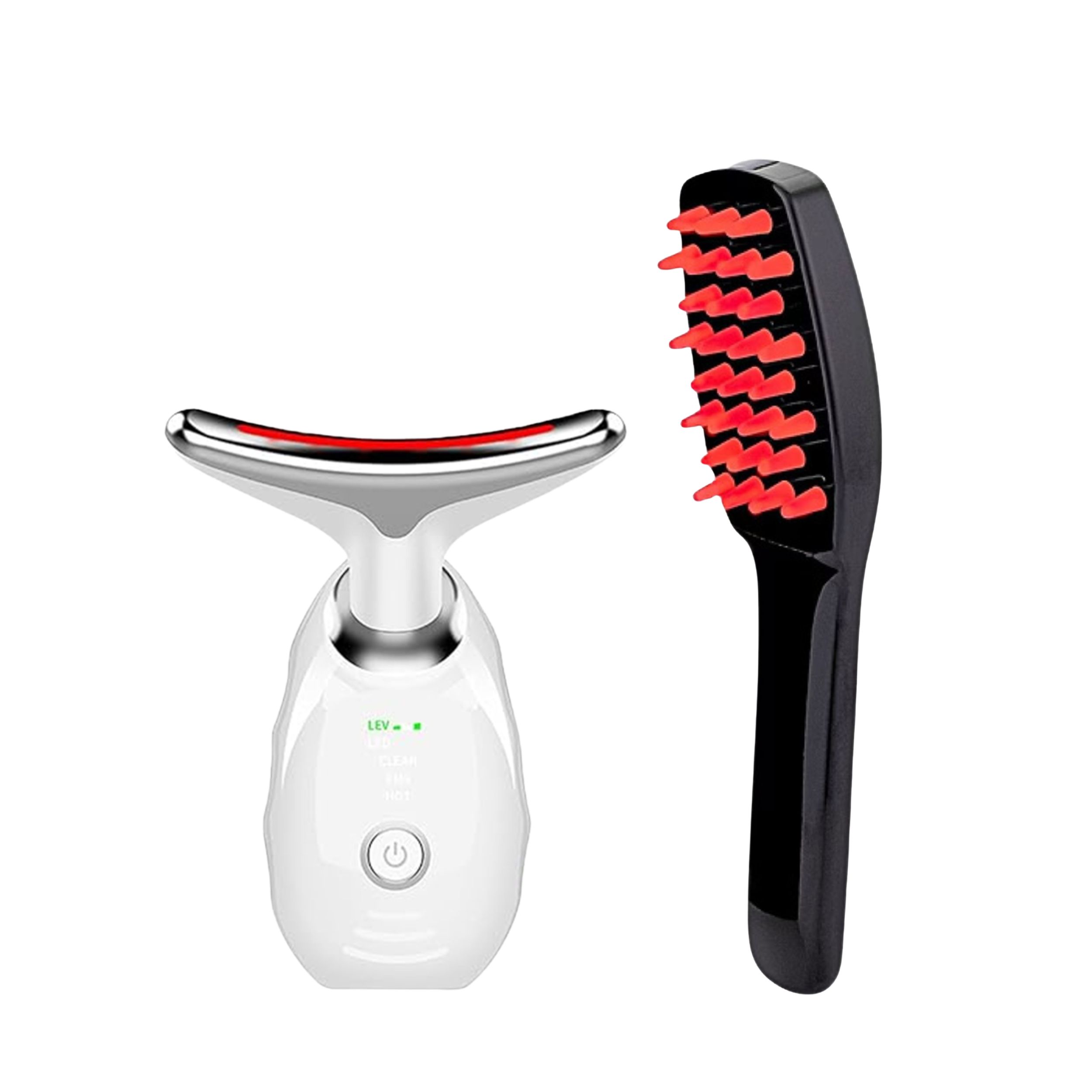Gezichtsmassager en haarborstel. De massager heeft rood licht. De borstel heeft rode borstelharen. Beide producten zijn wit en zwart.
