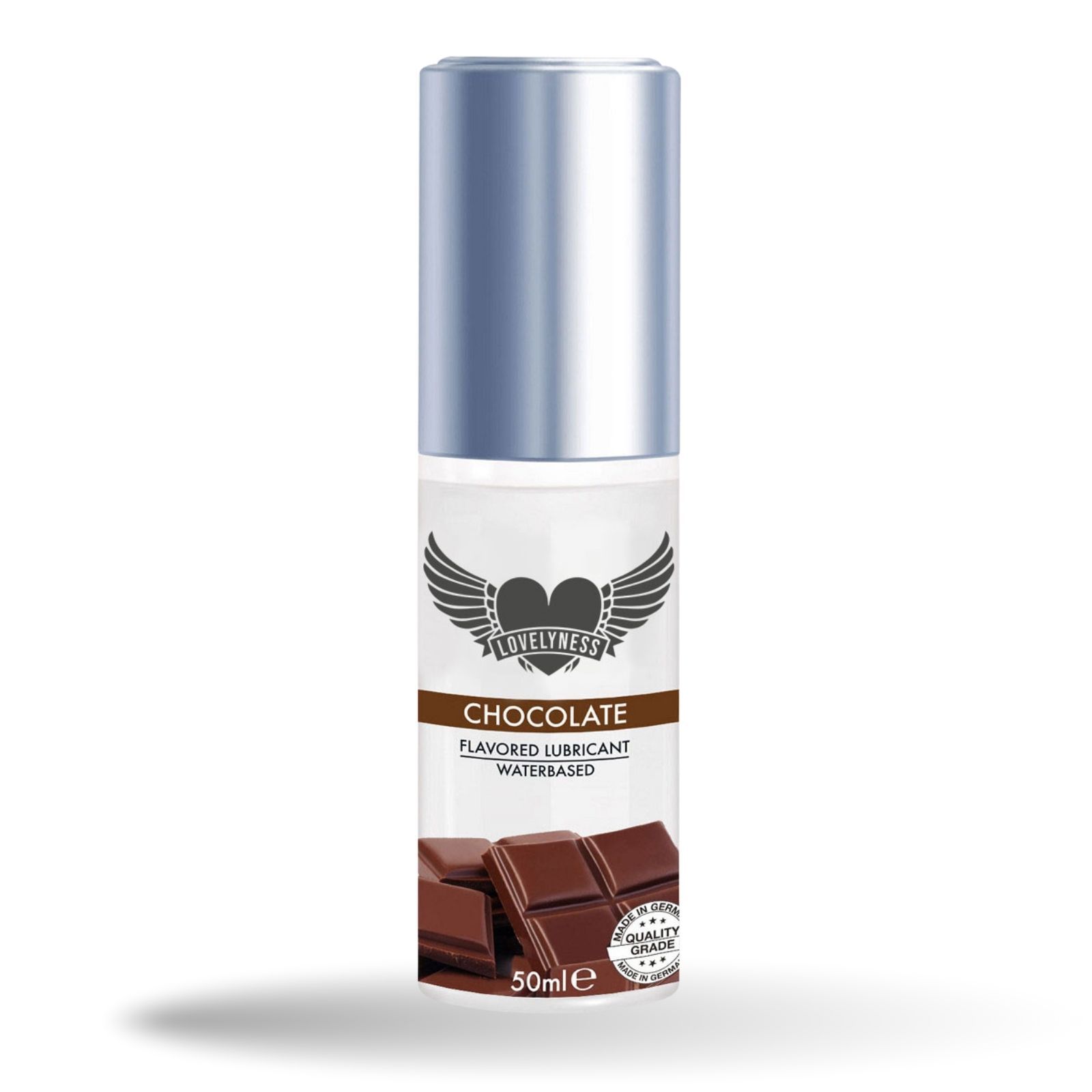 Glijmiddel met chocoladesmaak. Fles met zilveren dop. Logo met hart en vleugels. 50ml.