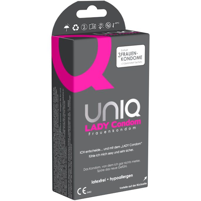 Emballage de UNIQ Lady Condom. Boîte grise avec logo rose et texte: 3 préservatifs féminins.