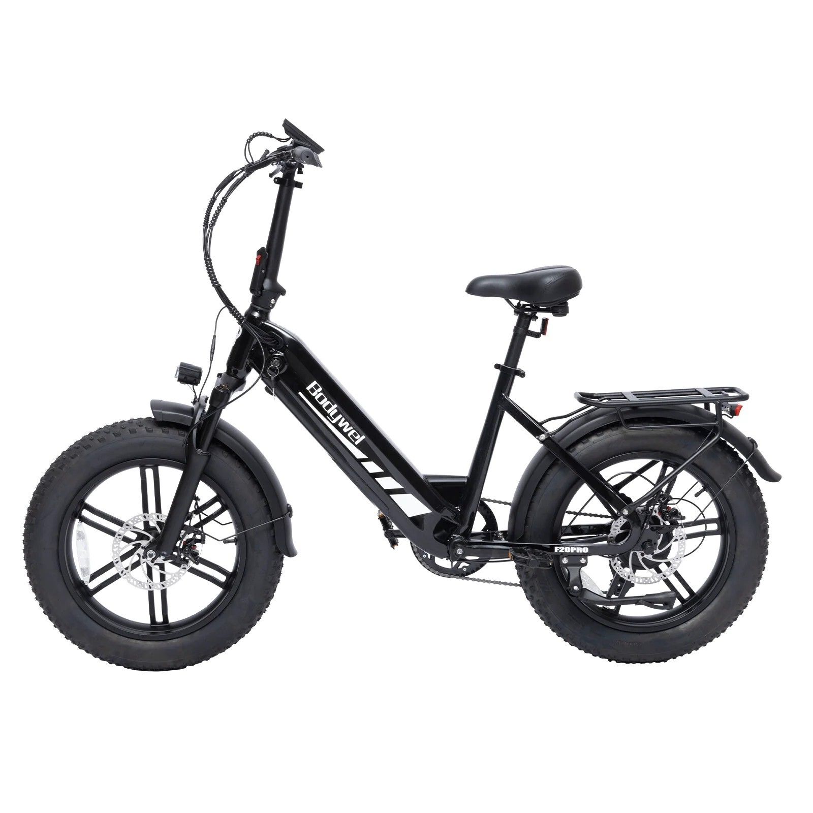 Zwarte Bodywel F20PRO elektrische fiets. Brede banden, bagagedrager, spatborden. Merk Bodywel zichtbaar.