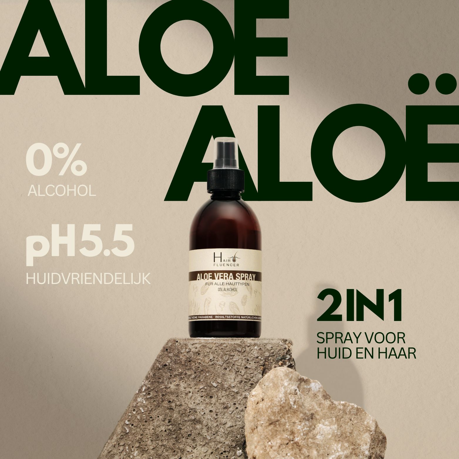 Fles Hairfluencer Aloe Vera Spray op stenen, met tekst "Aloe Vera 2IN1 Spray voor huid en haar".