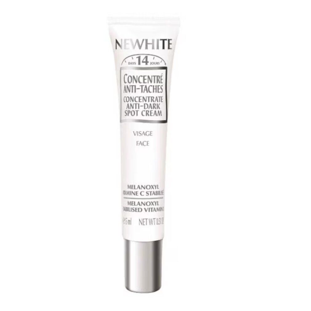Tube Guinot Newhite. Tube blanc, bouchon argenté. Texte: Newhite, Concentre Anti-Taches, 15ml.