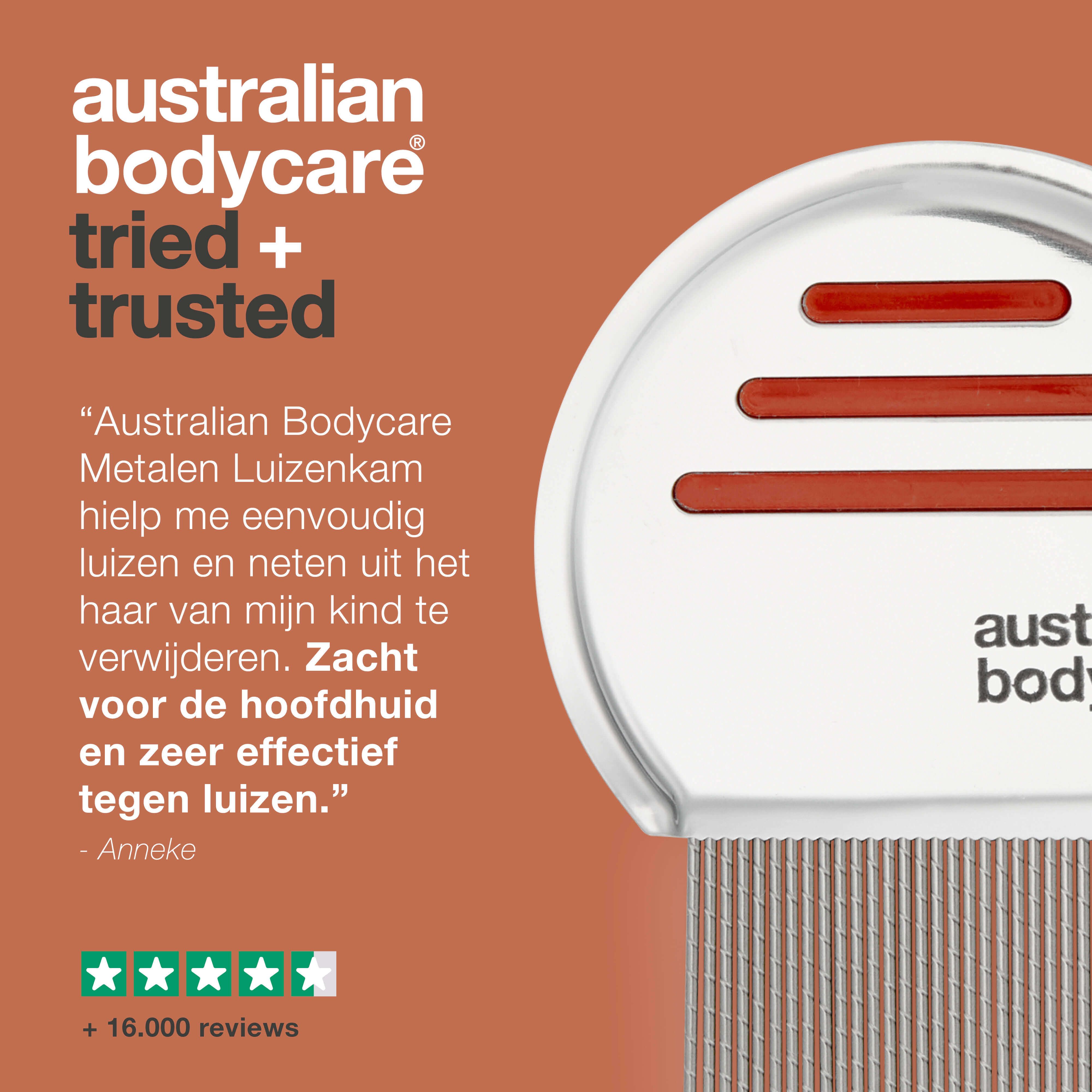 Luizenkam met tekst: Australian Bodycare. Tekst: Australian Bodycare beproefd en vertrouwd. 5 sterren beoordeling.