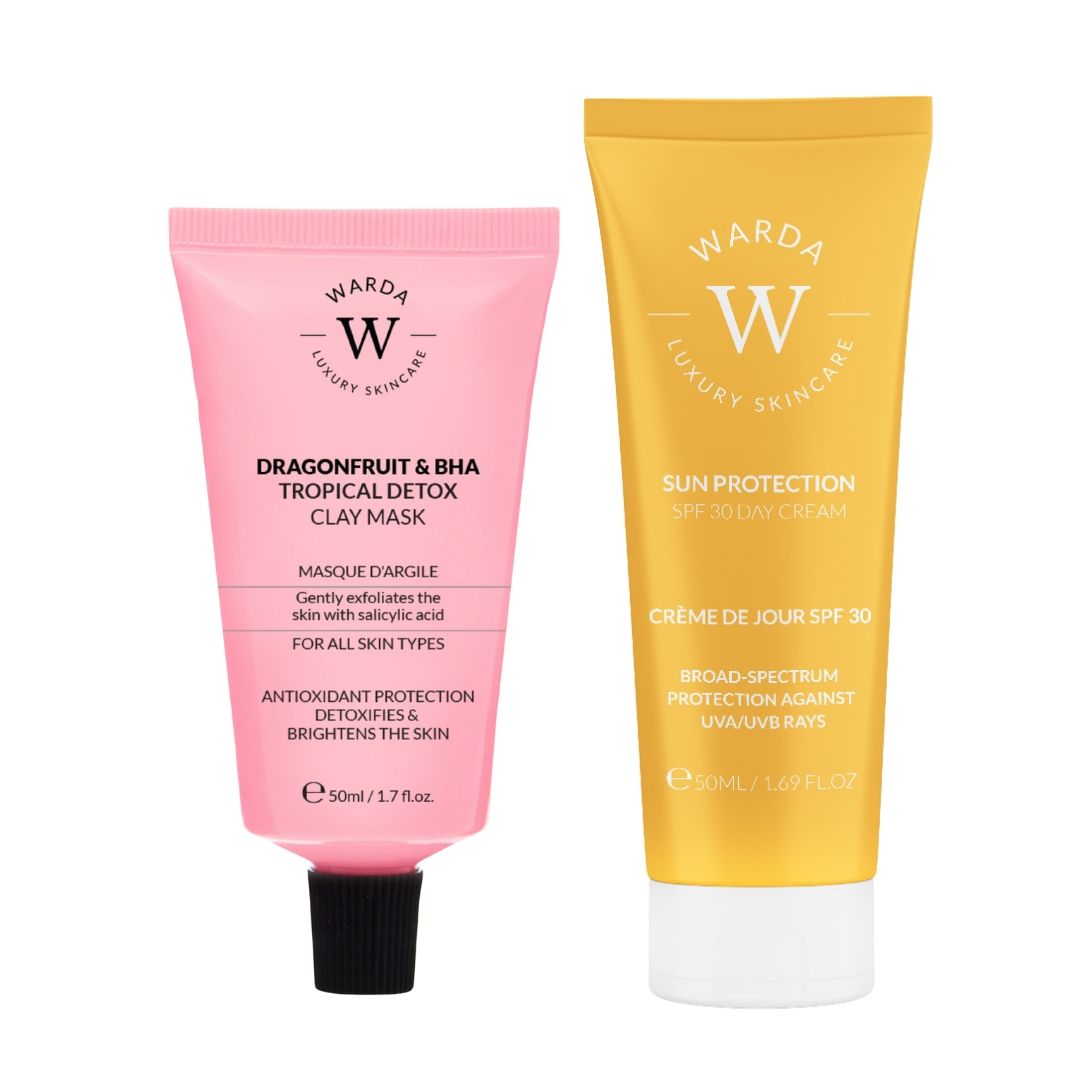 Deux tubes: rose et jaune. Inscription: Warda Luxury Skincare, Dragonfruit & BHA Clay Mask, Crème de jour SPF 30.