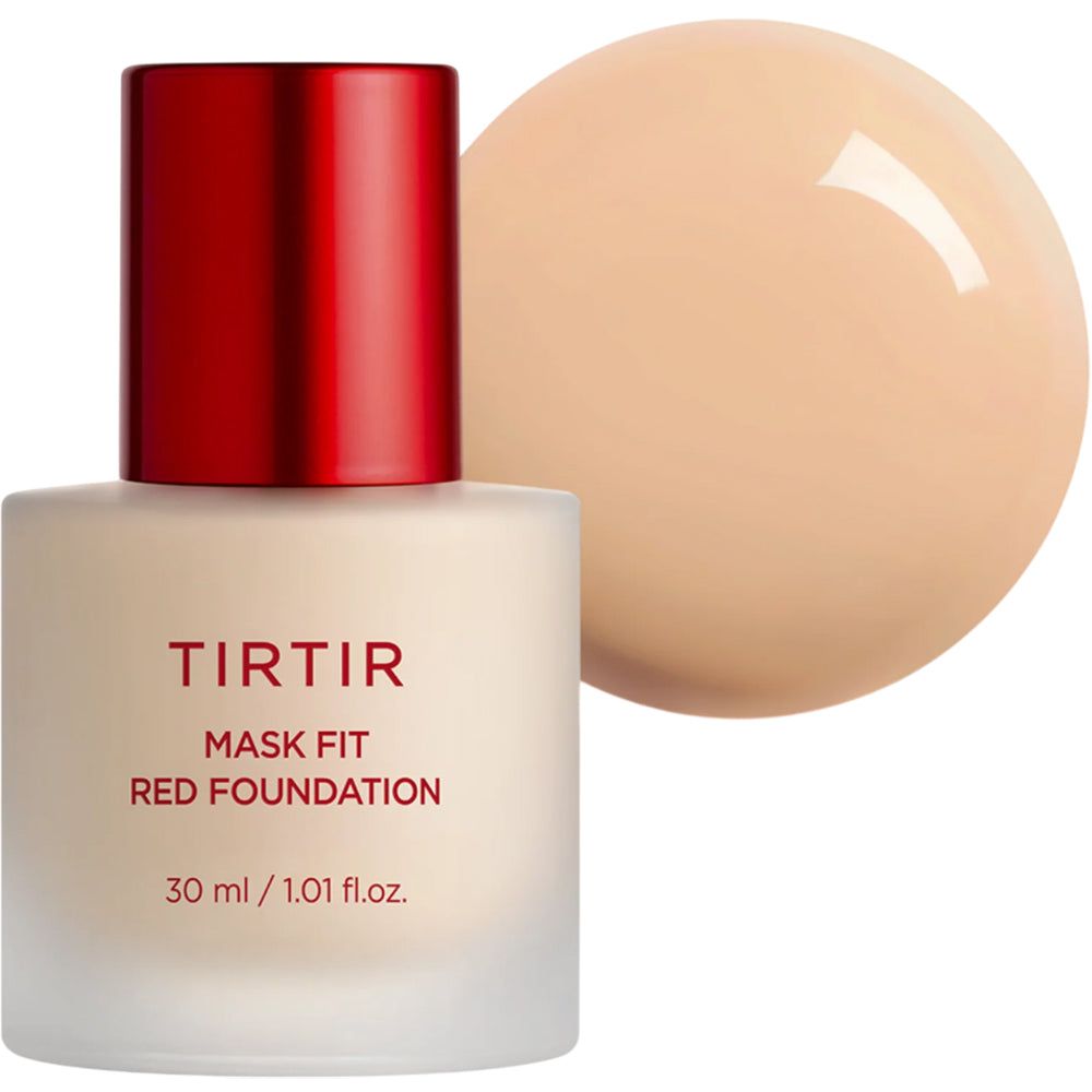 TIRTIR Mask Fit Red Foundation. Flacon à bouchon rouge et produit à côté. Texte : 30 ml / 1,01 fl.oz.