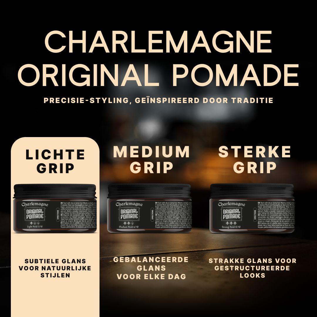 Drie potjes "Charlemagne Matte Pomade" met verschillende gripsterktes.