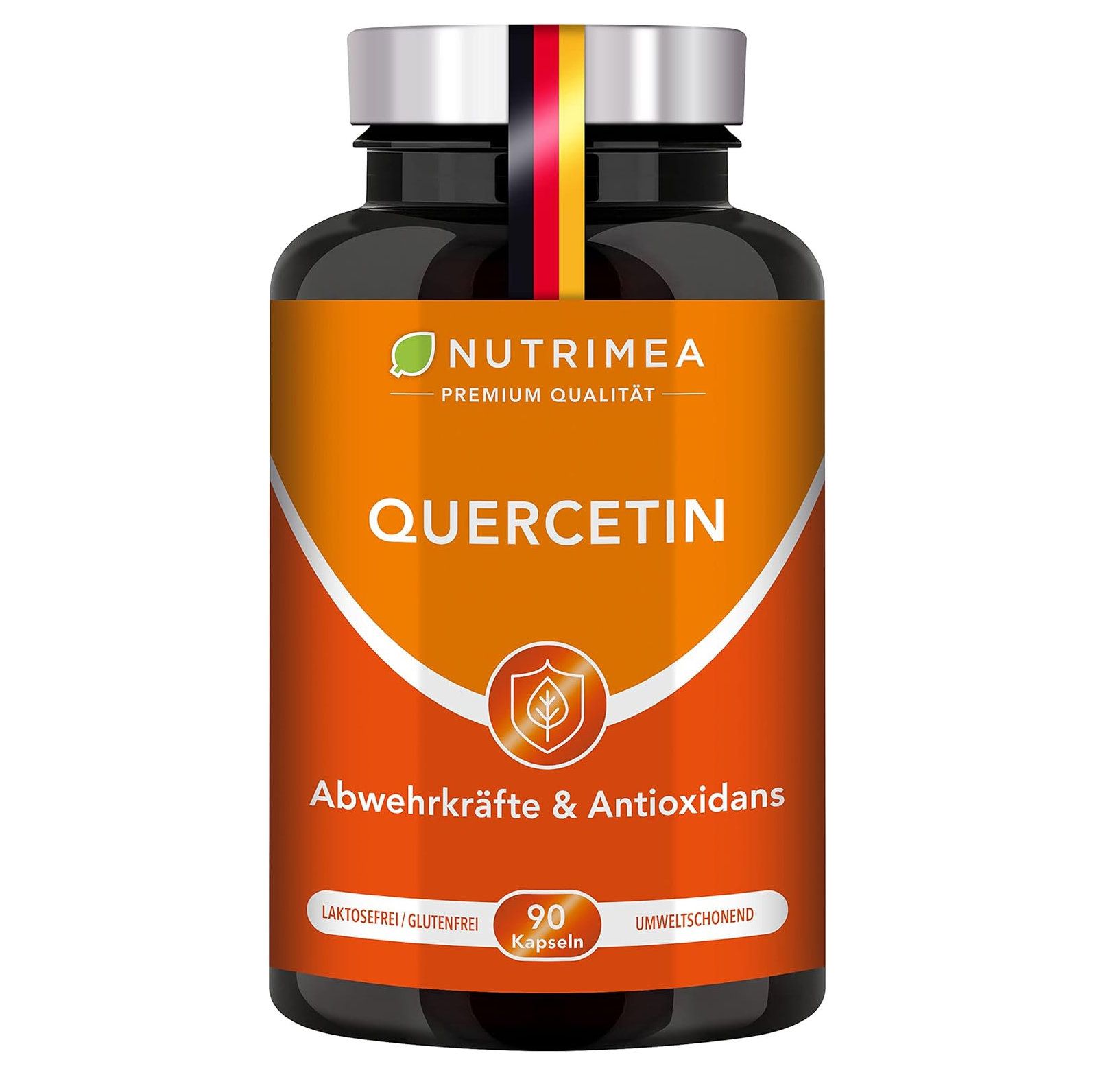 Flacon brun avec étiquette orange. Contient 90 gélules. Inscription : QUERCETIN, Défenses immunitaires & antioxydants. Marque : Nutrimea.