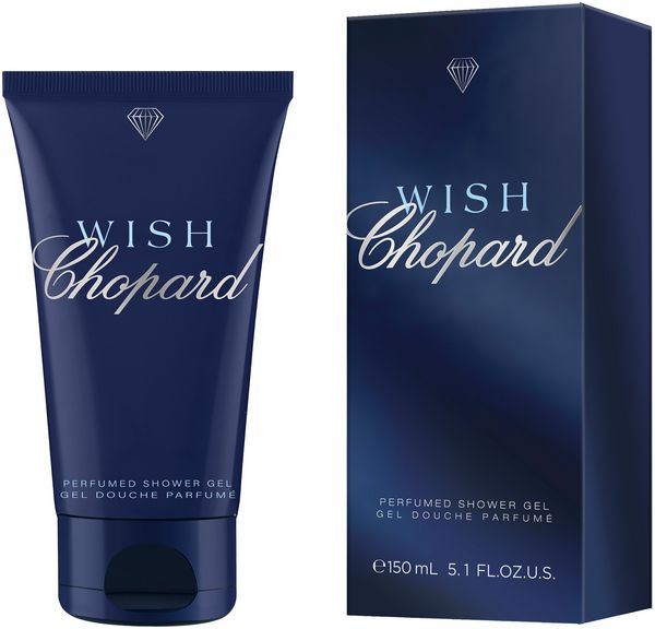Tube et boîte bleus foncés. Inscription argentée "WISH Chopard". Symbole diamant. "PERFUMED SHOWER GEL" et indication de volume.