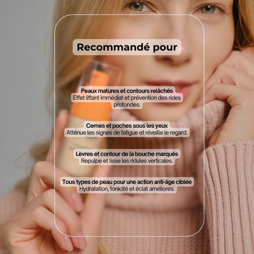 Femme tenant un flacon de gel. Texte : Recommandé pour : lèvres et contour de la bouche, peau mature, cernes, tous types de peau. Dr. SEA.