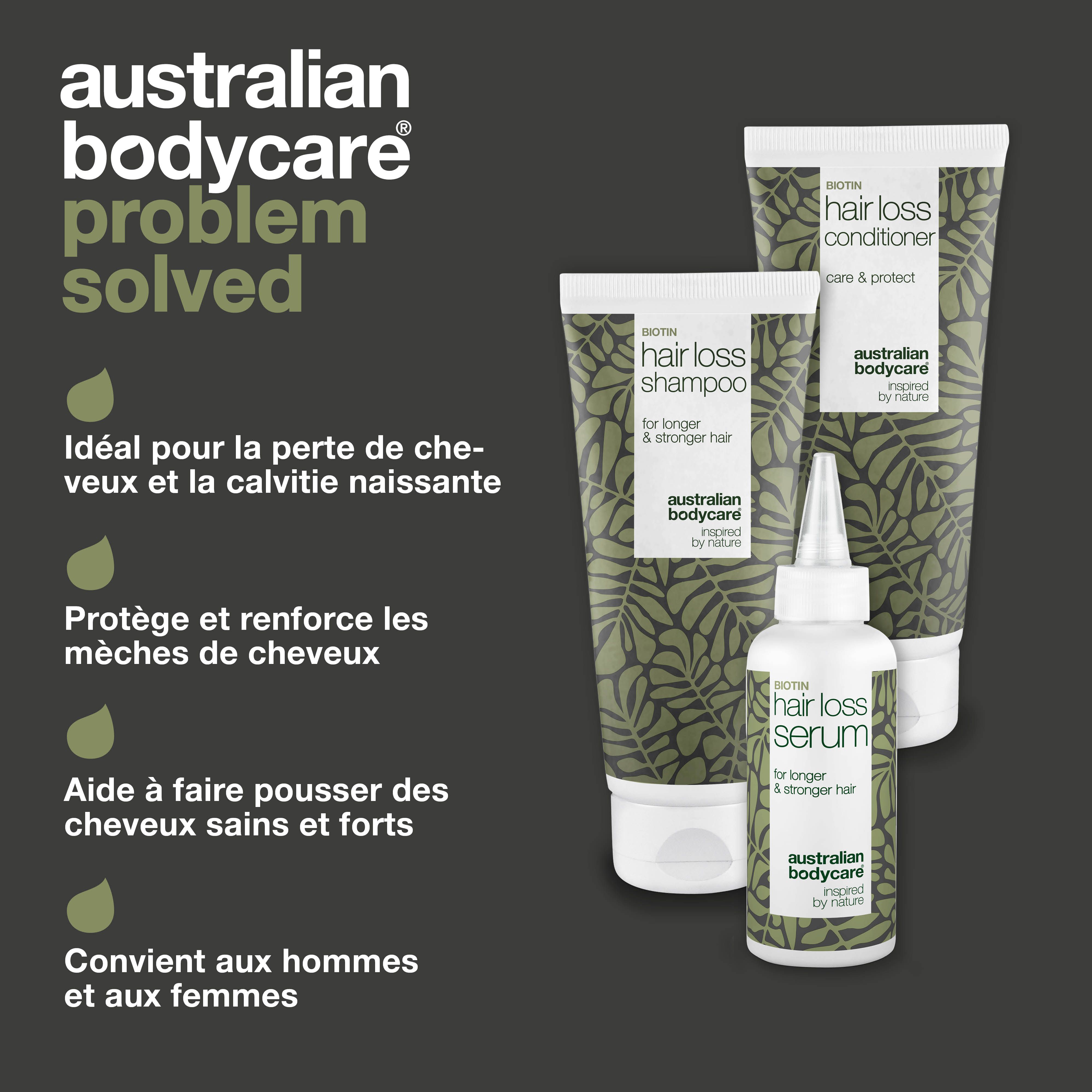 Trois produits : shampooing, revitalisant et sérum. Logo d'Australian Bodycare. Texte et feuilles vertes.