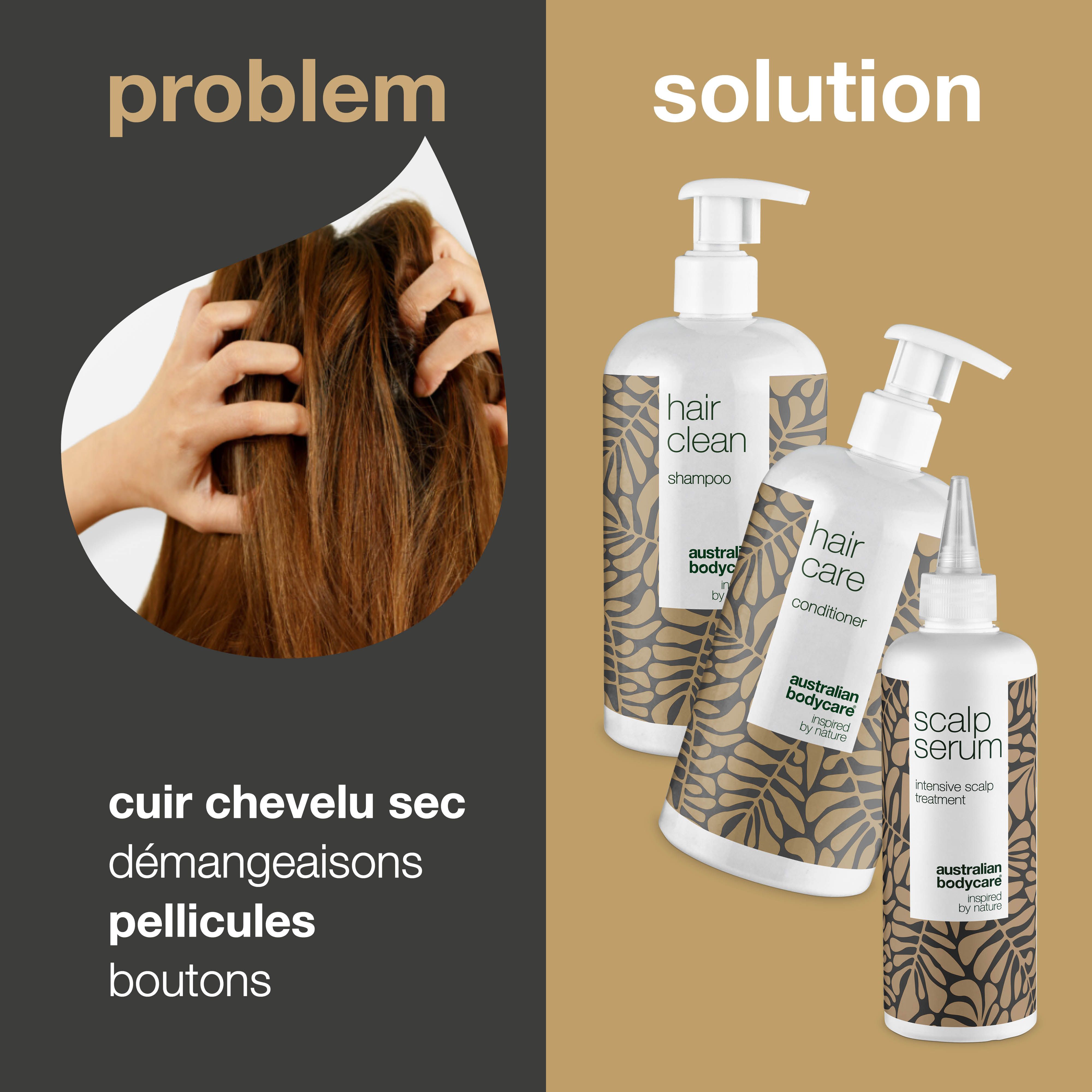 Cheveux et mains. À gauche : problèmes tels que cheveux secs, démangeaisons, pellicules, boutons. À droite : trois flacons Australian Bodycare.