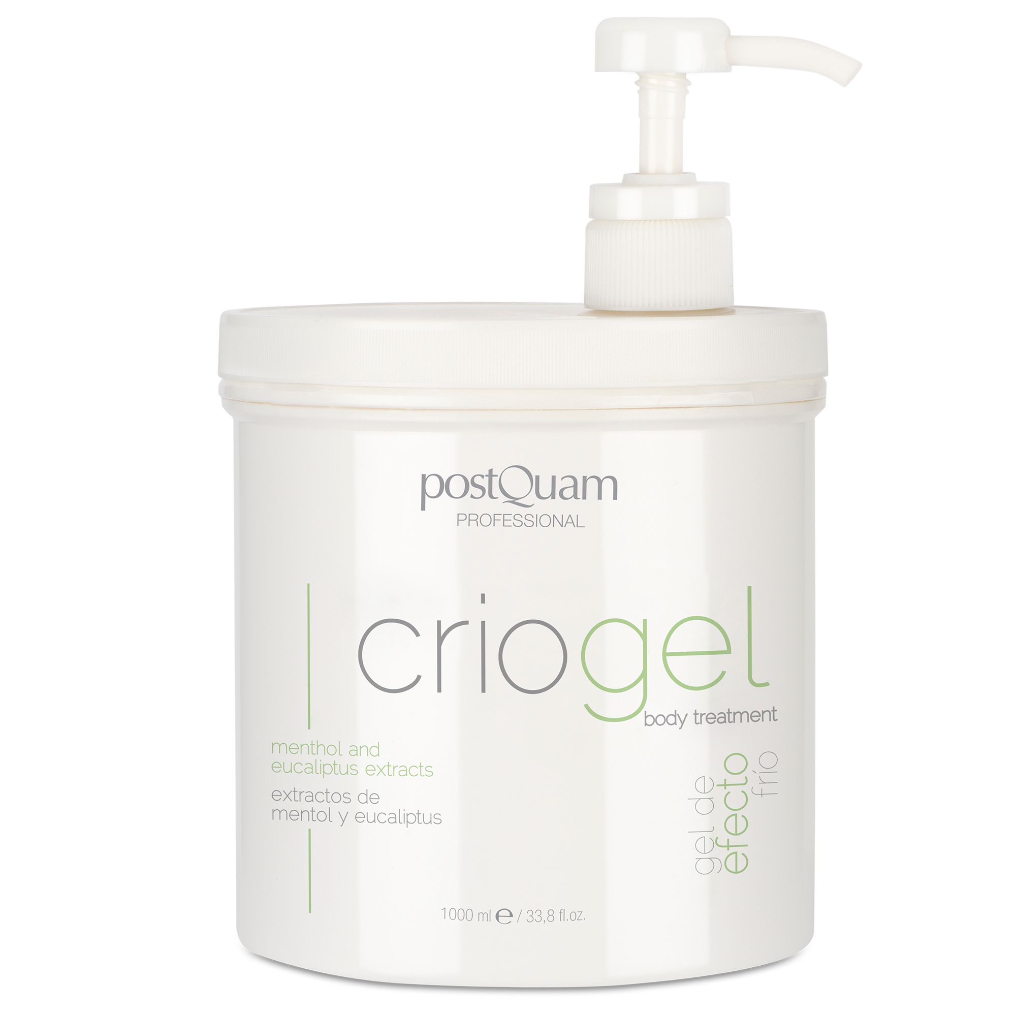Récipient blanc avec pompe. Inscription : Postquam, Criogel, Body Treatment. Contient des extraits de menthol et d'eucalyptus.