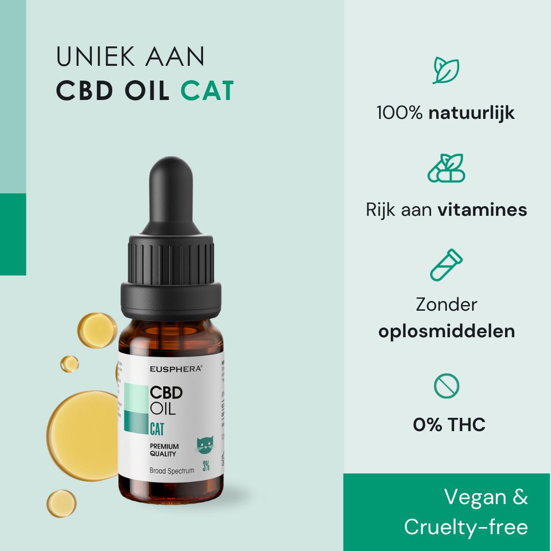 Bruine glazen fles met druppelaar. Tekst: Uniek aan CBD OIL CAT. 100% natuurlijk, rijk aan vitaminen.