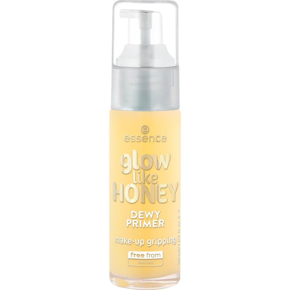 Flacon jaune avec pompe. Inscription: glow like HONEY, DEWY PRIMER, make-up gripping, free from.