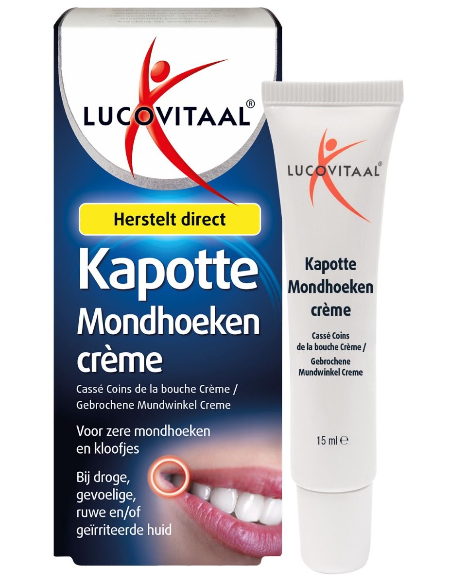 Tube Lucovitaal crème voor gescheurde mondhoeken, naast de verpakking. Witte tube met productnaam.