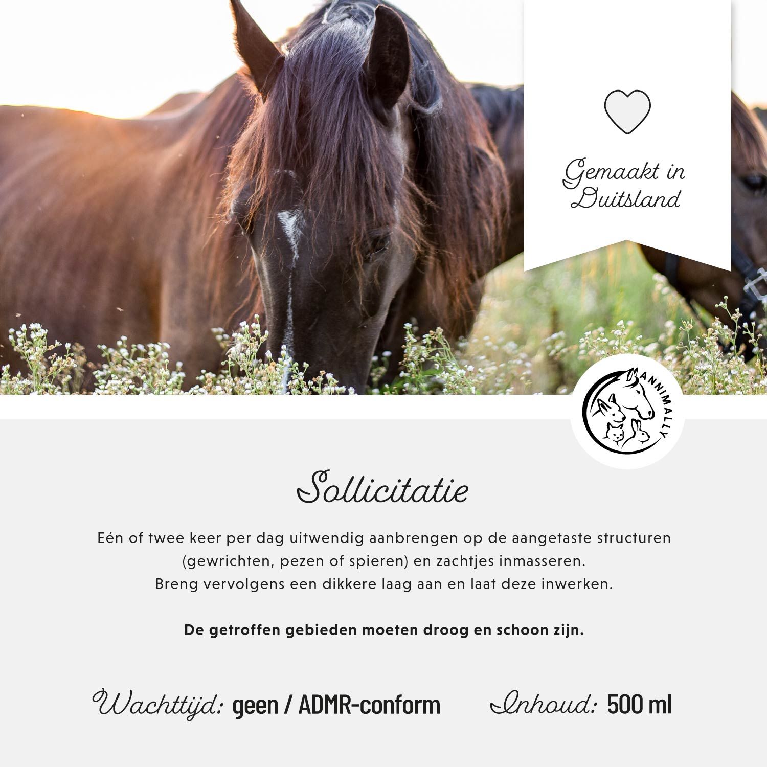 Paarden in een veld. Tekst: Sollicitatie. Inhoud: 500 ml. Logo. Gemaakt in Duitsland.
