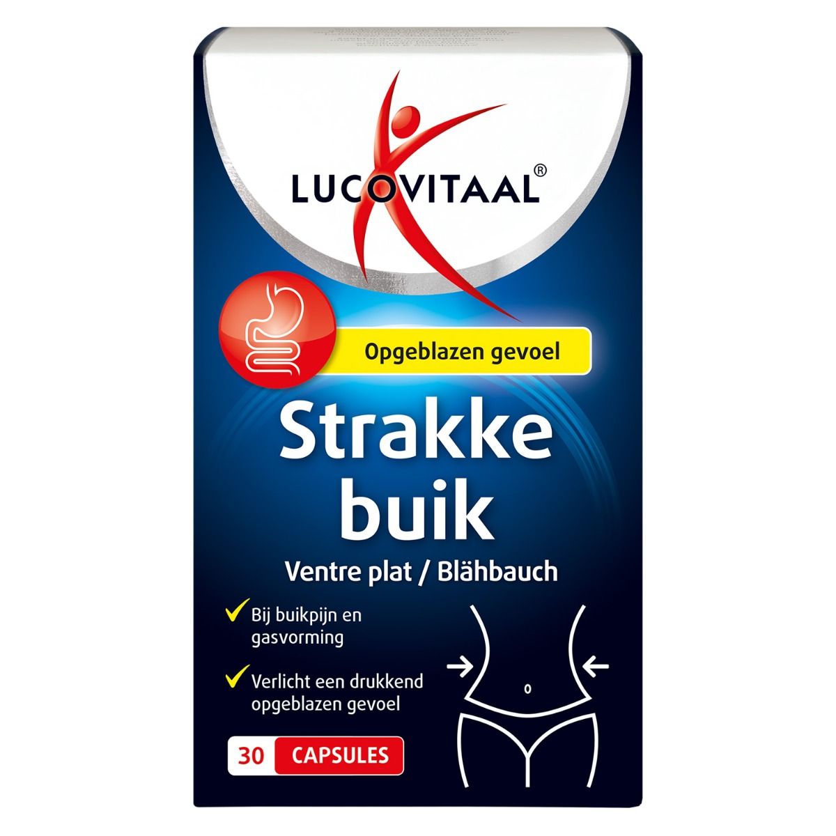 Blauwe verpakking met "Lucovitaal Strakke buik" capsules. Productnaam en illustratie van een buik.
