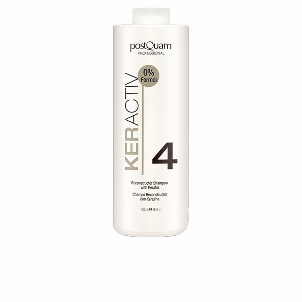 Witte shampoo fles met KERACTIV, 4 en 0% Formol. Tekst: Reconstructor Shampoo with Keratin.