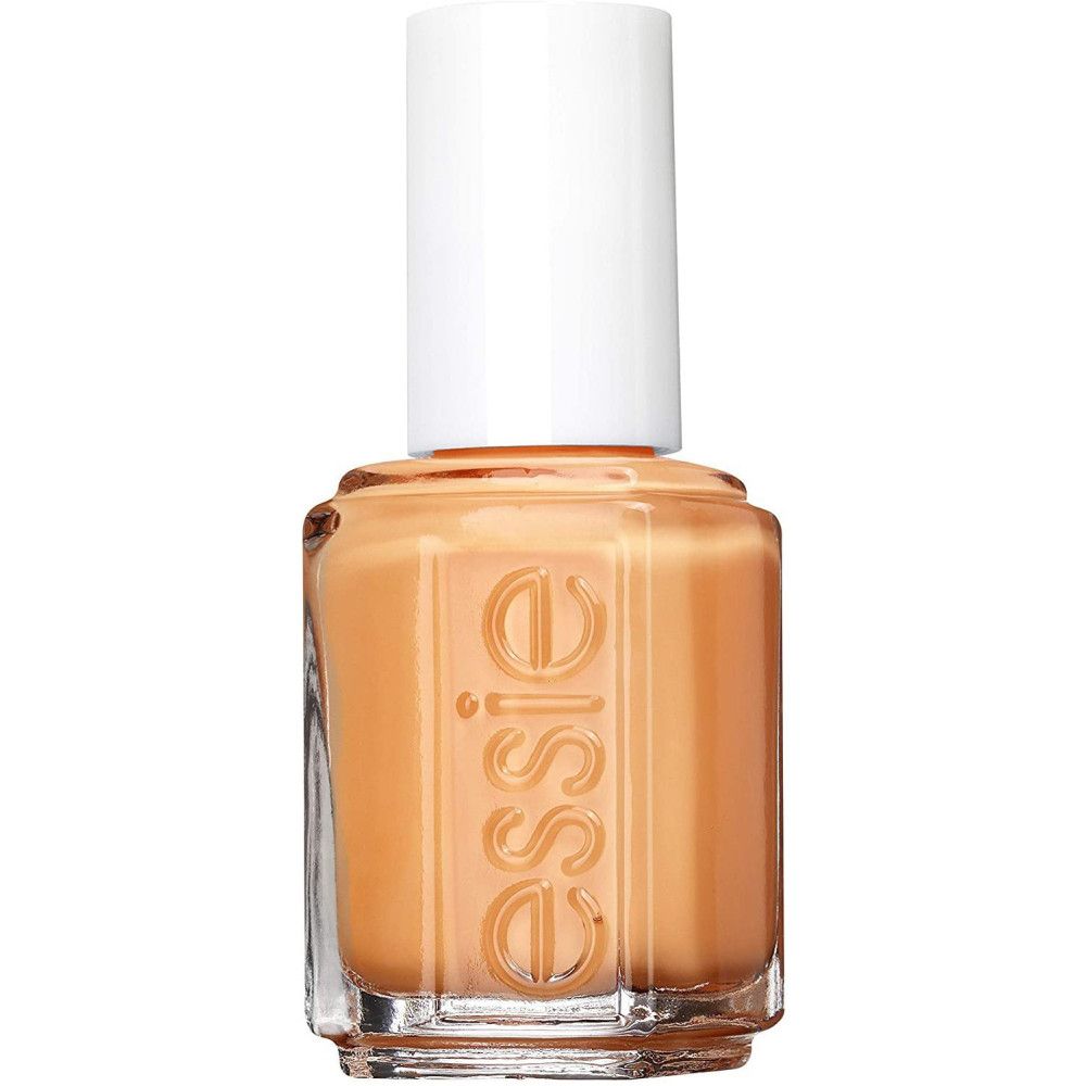 Nagellakflesje met oranje lak en witte dop. Opschrift "essie" op het flesje.