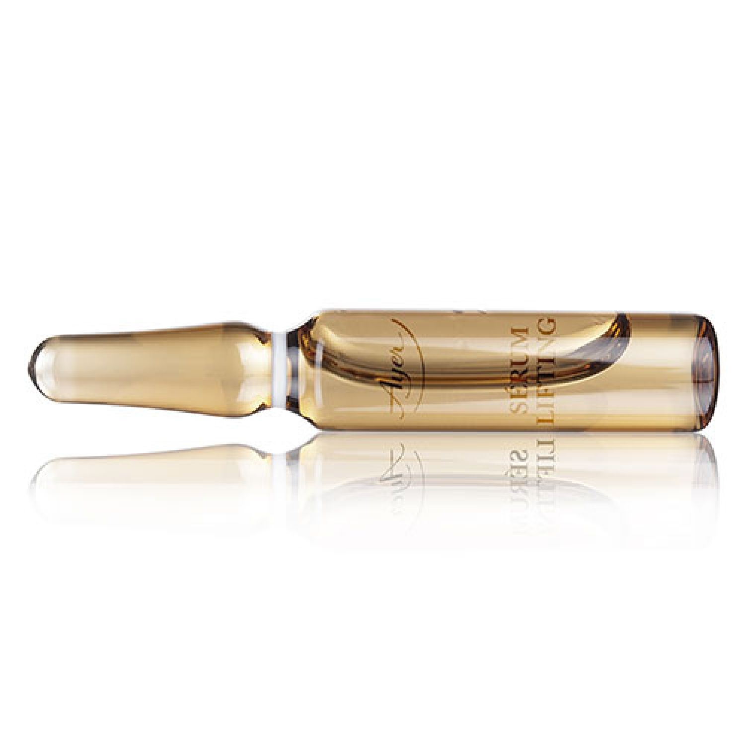 Enkele ampul met gele vloeistof. Opschrift: Ayer Serum Lifting. Heldere glazen vorm.